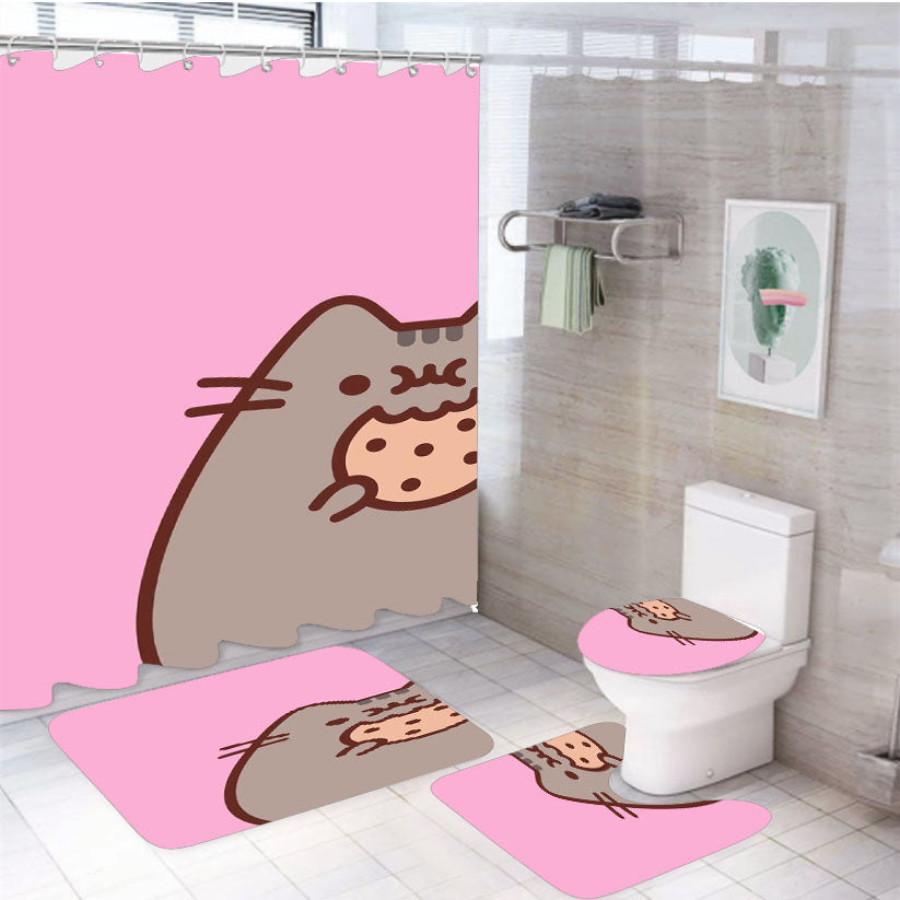 Cute Pusheen Eat A Cookies 4Pcs Bathroom Set Shower Curtain