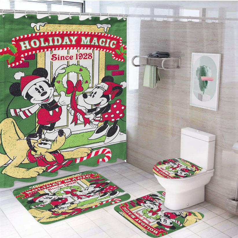 Disney Mickey Minnie Pluto Holiday 4Pcs Bathroom Set Shower Curtain