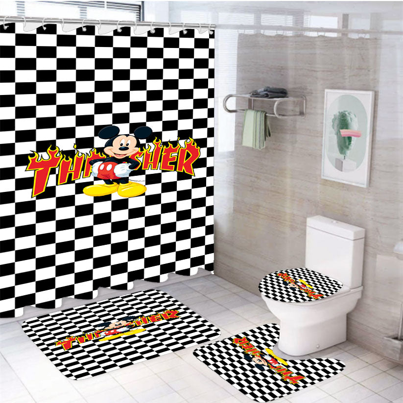 Disney Mickey Mouse Thrasher 4Pcs Bathroom Non-Slip Rugs Shower Curtain Fabric Waterproof