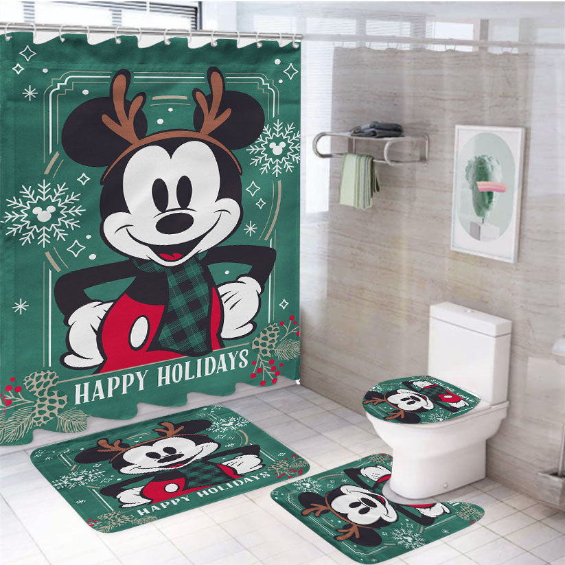 Disney Reindeer Holiday Mickey 4Pcs Bathroom Set Shower Curtain