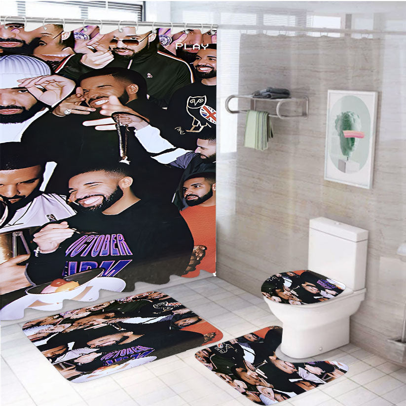 Drake Collage 4Pcs Bathroom Non-Slip Rugs Shower Curtain Fabric Waterproof