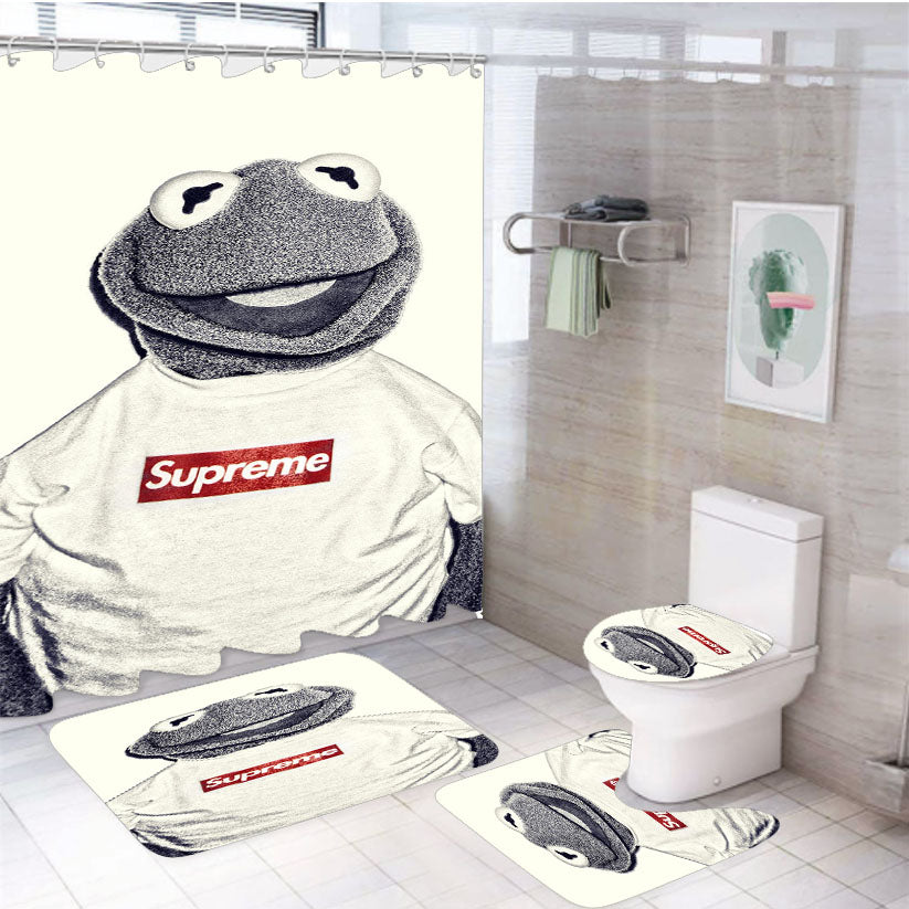 Elmo Supreme 4Pcs Bathroom Non-Slip Rugs Shower Curtain Fabric Waterproof