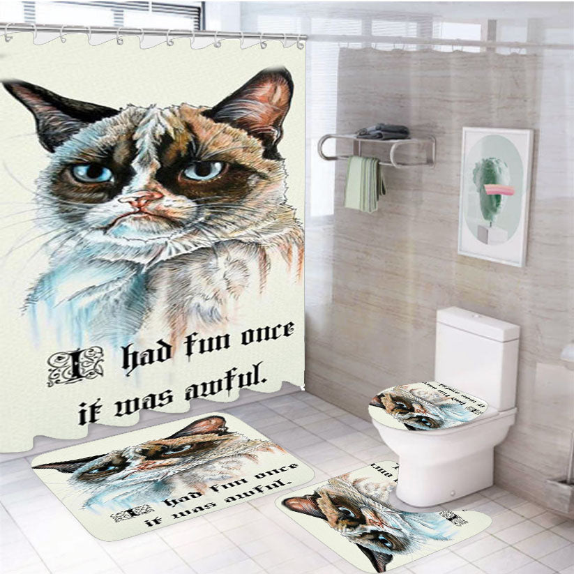 Grumpy Cat I Had Fun Once 4Pcs Bathroom Non-Slip Rugs Shower Curtain Fabric Waterproof