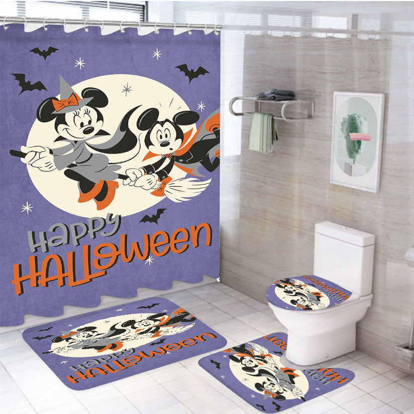 Halloween Mickey & Minnie Broom Flight 4Pcs Bathroom Set Shower Curtain