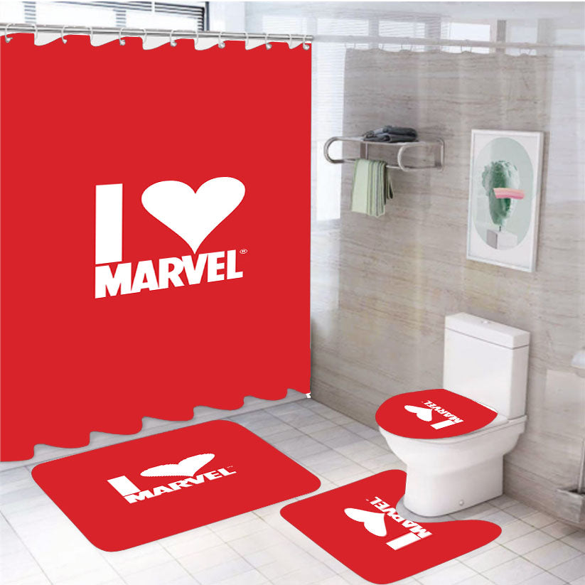 I Love Marvel 4Pcs Bathroom Non-Slip Rugs Shower Curtain Fabric Waterproof