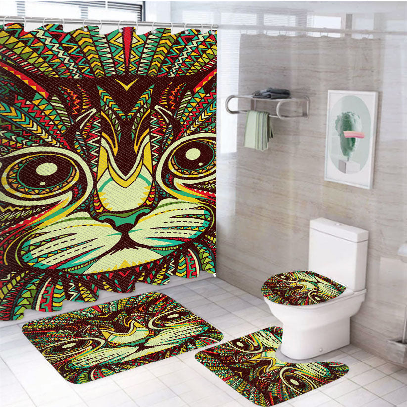 Kitten Aztec Pattern 4Pcs Bathroom Non-Slip Rugs Shower Curtain Fabric Waterproof