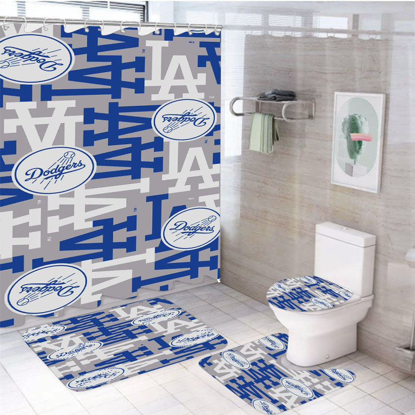 La Dodgers Pattern 4Pcs Bathroom Non-Slip Rugs Shower Curtain Fabric Waterproof