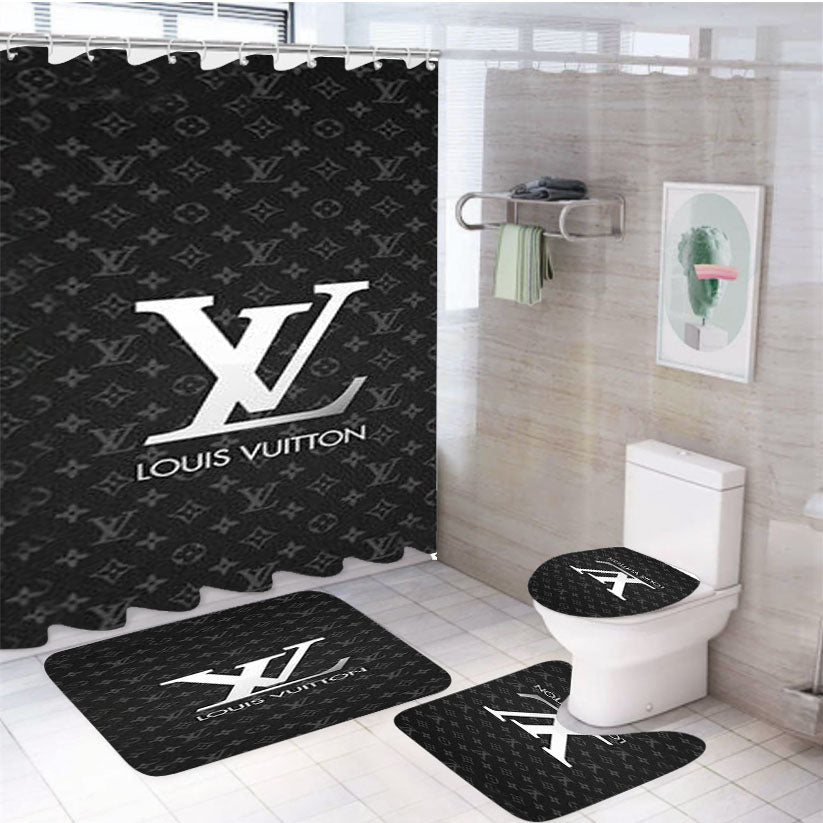 Louis Vuitton Grey Logo 4Pcs Bathroom Non-Slip Rugs Shower Curtain Fabric Waterproof