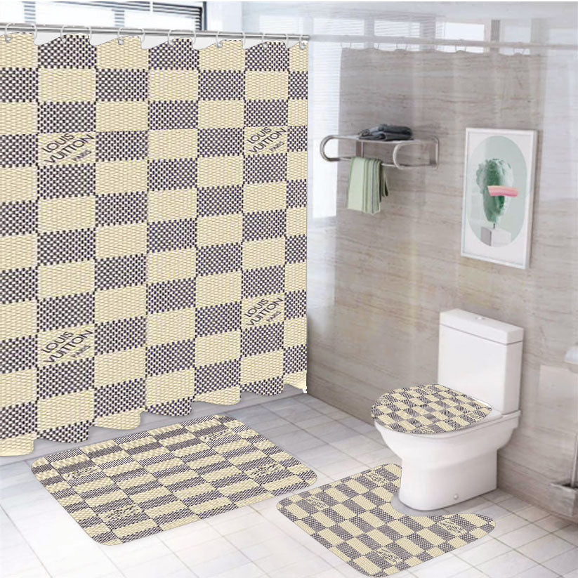 Louis Vuitton X4830 4Pcs Bathroom Non-Slip Rugs Shower Curtain Fabric Waterproof