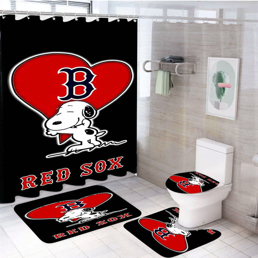 Love Boston Red Sox Snoopy 4Pcs Bathroom Non-Slip Rugs Shower Curtain Fabric Waterproof