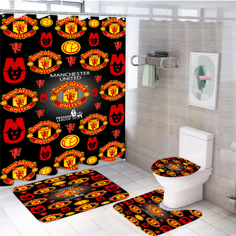 Manchester United Logo Pattern 4Pcs Bathroom Non-Slip Rugs Shower Curtain Fabric Waterproof