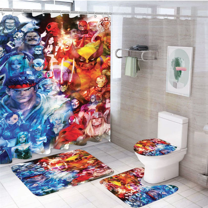 Marvel Vs Capcom 4Pcs Bathroom Non-Slip Rugs Shower Curtain Fabric Waterproof
