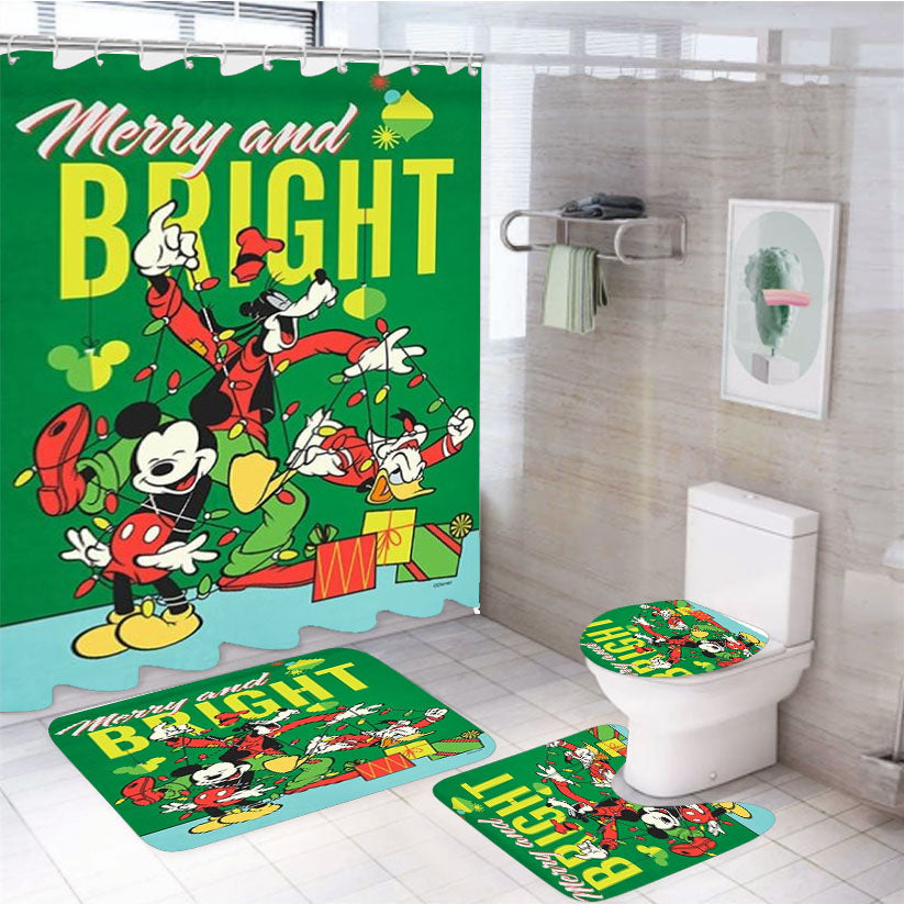Merry And Bright Mickey And Pals 4Pcs Bathroom Set Shower Curtain