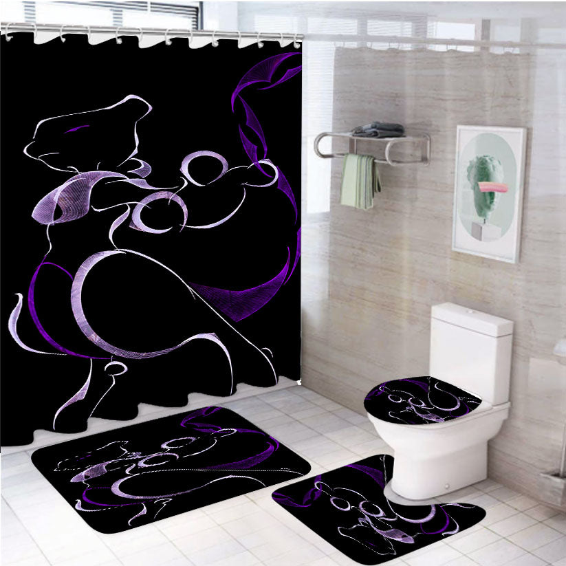 Mewtwo Pokemon Line Art On Black 4Pcs Bathroom Set Shower Curtain
