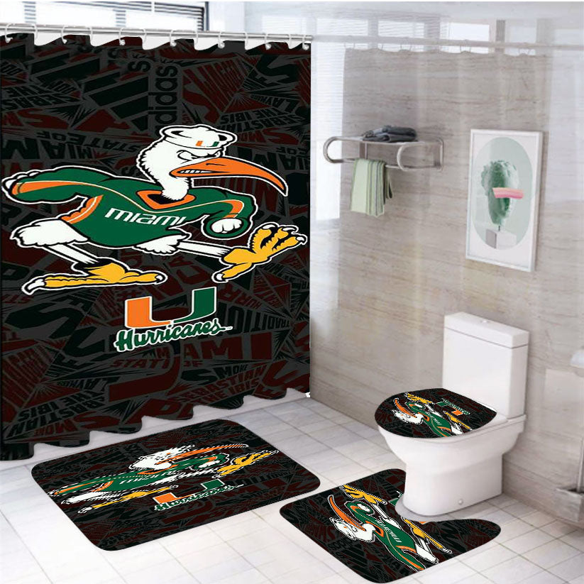 Miami Hurricanes Um Football 4Pcs Bathroom Non-Slip Rugs Shower Curtain Fabric Waterproof