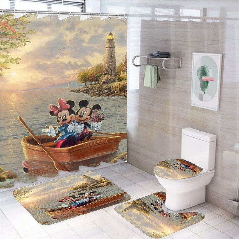 Mickey And Minnie Lighthouse Cover 4Pcs Bathroom Set Shower Curtain