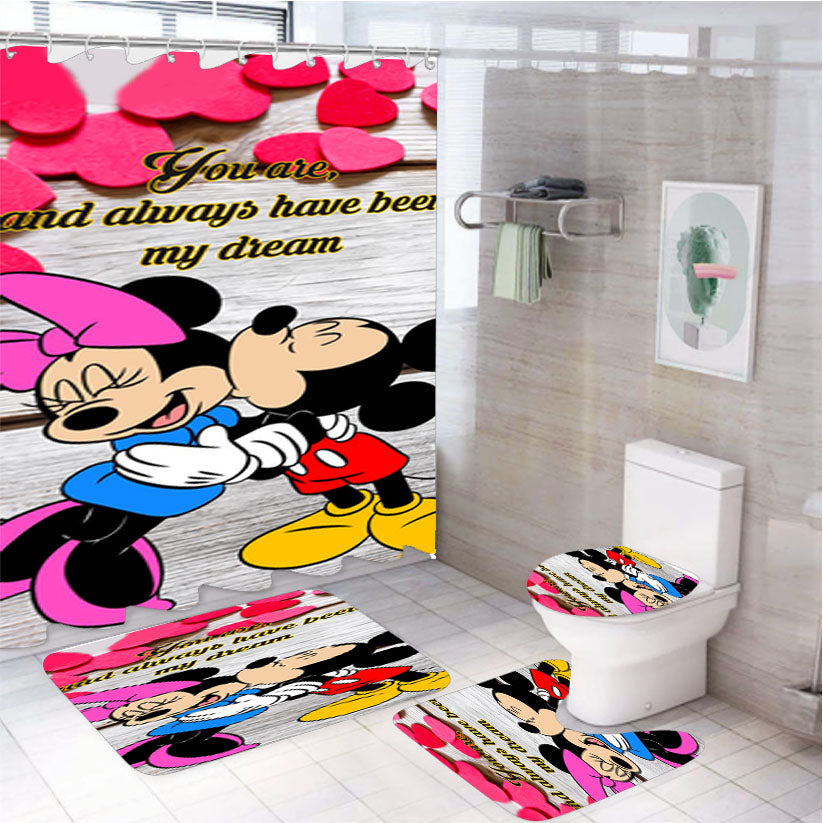 Mickey And Minnie Mouse Kissing 4Pcs Bathroom Set Shower Curtain