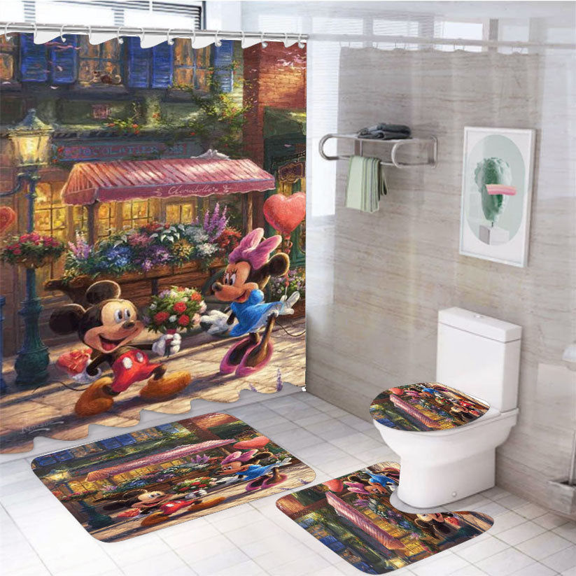 Mickey And Minnie Sweetheart Café 4Pcs Bathroom Set Shower Curtain