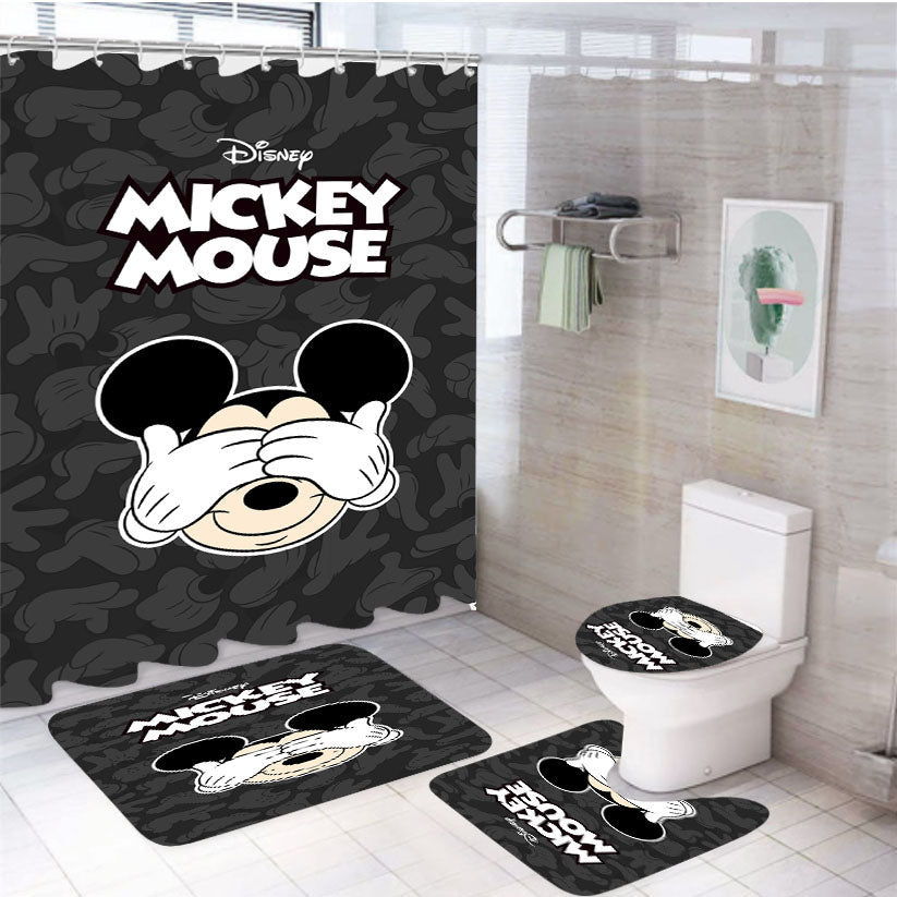 Mickey Mouse Hands 4Pcs Bathroom Non-Slip Rugs Shower Curtain Fabric Waterproof