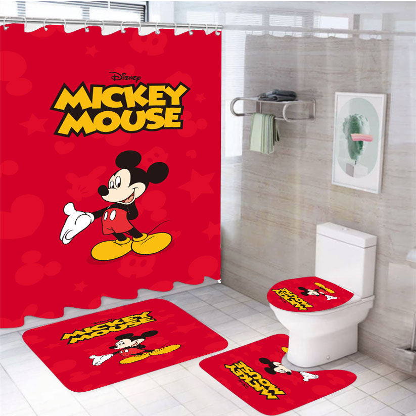 Mickey Mouse Red 4Pcs Bathroom Non-Slip Rugs Shower Curtain Fabric Waterproof