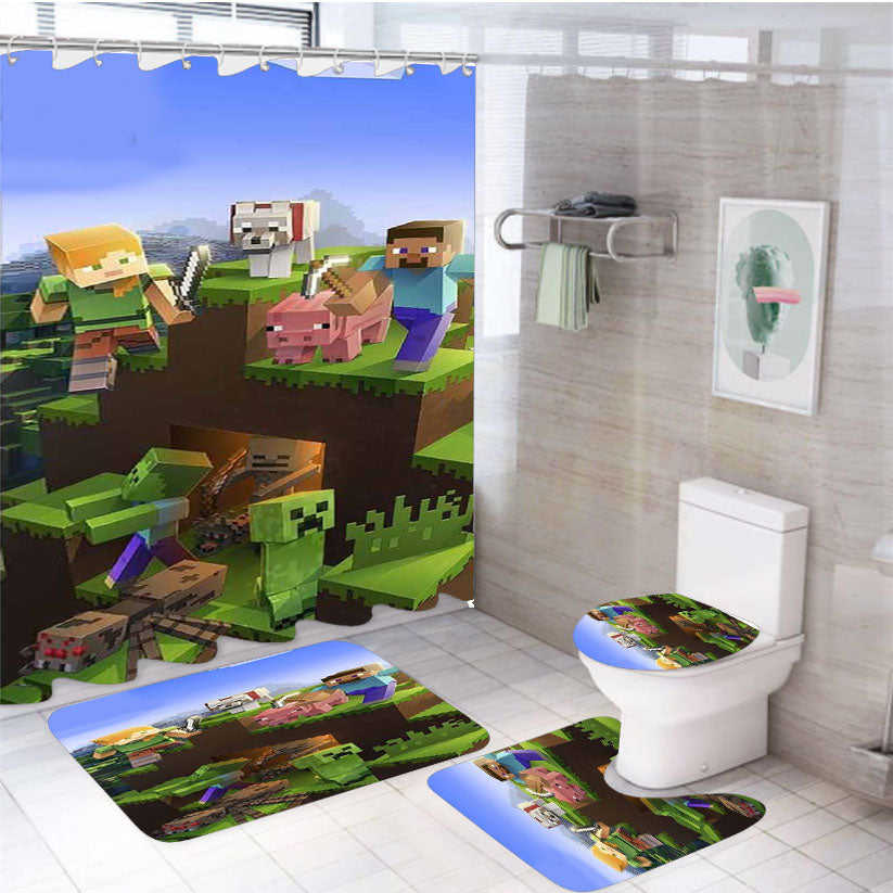 Minecraft 4Pcs Bathroom Non-Slip Rugs Shower Curtain Fabric Waterproof