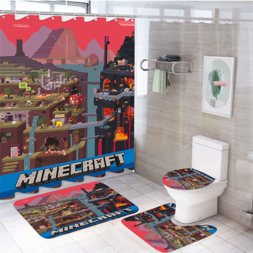 Minecraft Creative 4Pcs Bathroom Non-Slip Rugs Shower Curtain Fabric Waterproof