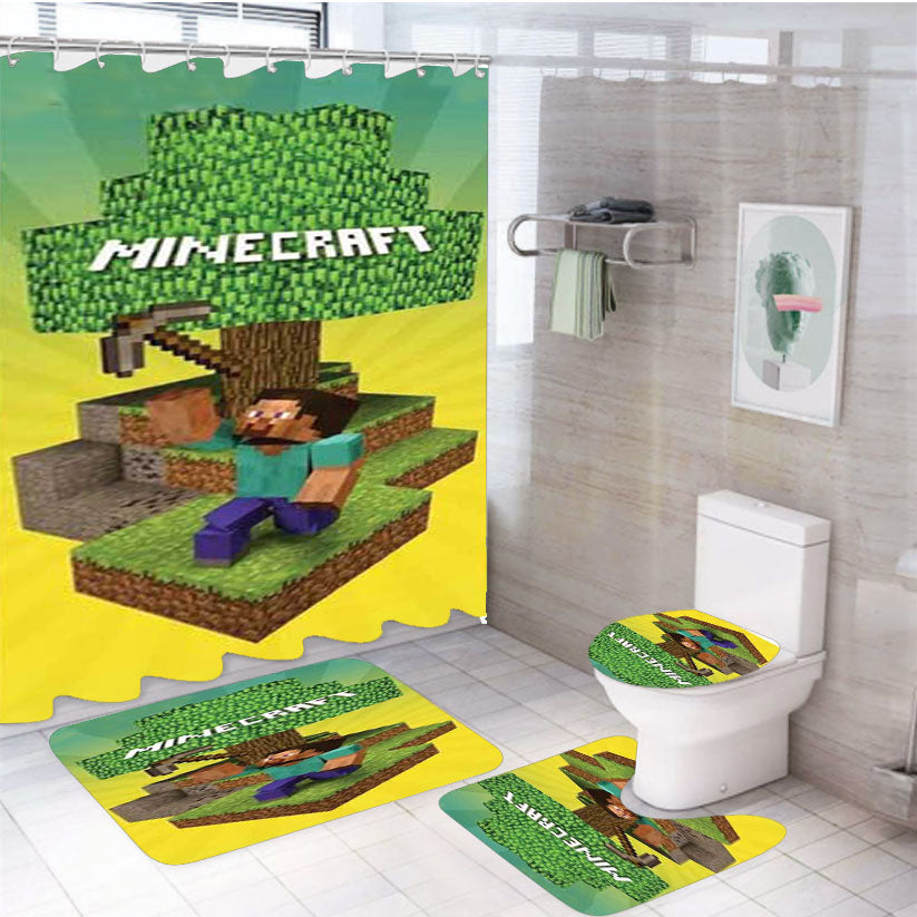 Minecraft Tree 4Pcs Bathroom Non-Slip Rugs Shower Curtain Fabric Waterproof