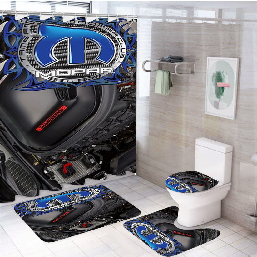 Mopar Crate Engine 4Pcs Bathroom Non-Slip Rugs Shower Curtain Fabric Waterproof