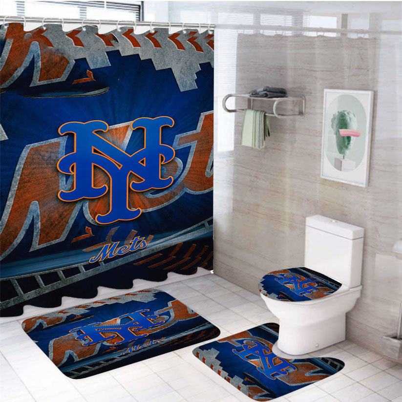 New York Mets Mlb Logo 9 4Pcs Bathroom Set Shower Curtain