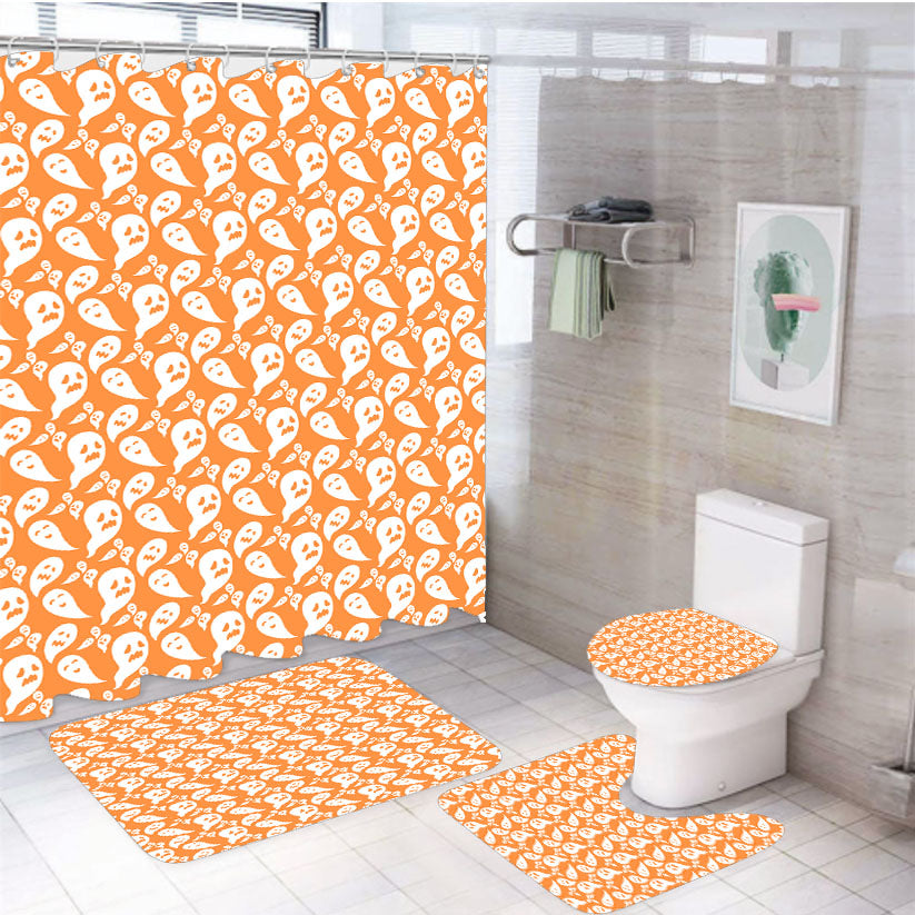 Orange Ghosts Pattern Halloween 4Pcs Bathroom Set Shower Curtain
