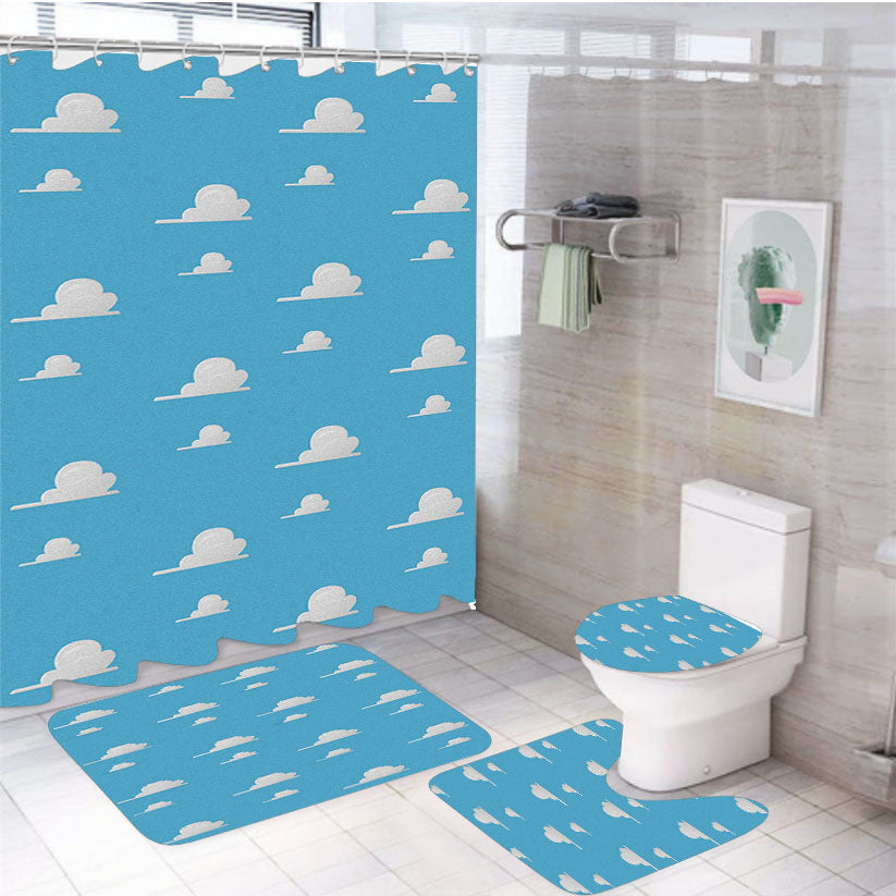 Pattern Of Toy Story Sky Blue Clouds 4Pcs Bathroom Set Shower Curtain