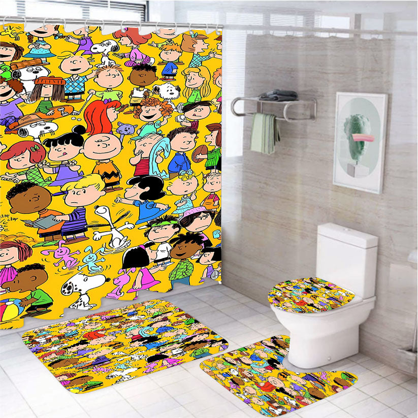 Peanuts 4Pcs Bathroom Non-Slip Rugs Shower Curtain Fabric Waterproof