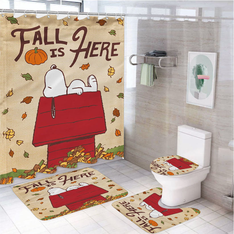 Peanuts Fall 4Pcs Bathroom Non-Slip Rugs Shower Curtain Fabric Waterproof