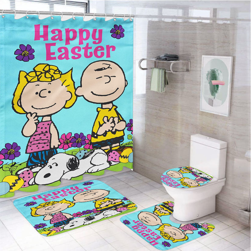 Peanuts Snoopy And Charlie Brown Easter 4Pcs Bathroom Non-Slip Rugs Shower Curtain Fabric Waterproof