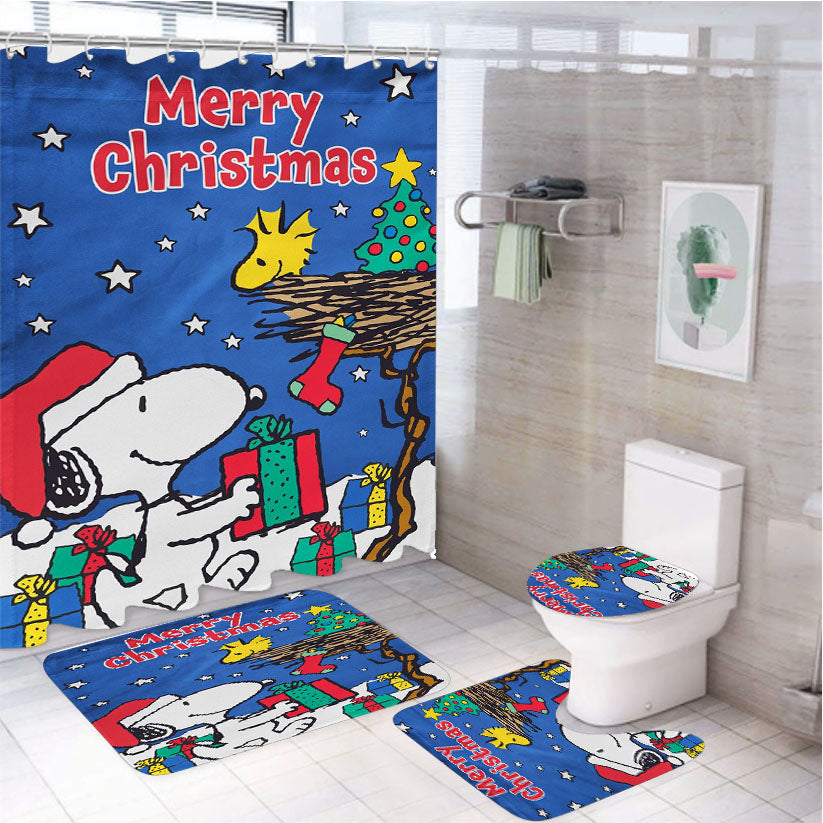 Peanuts Snoopy And Woodstock Christmas 2 4Pcs Bathroom Set Shower Curtain