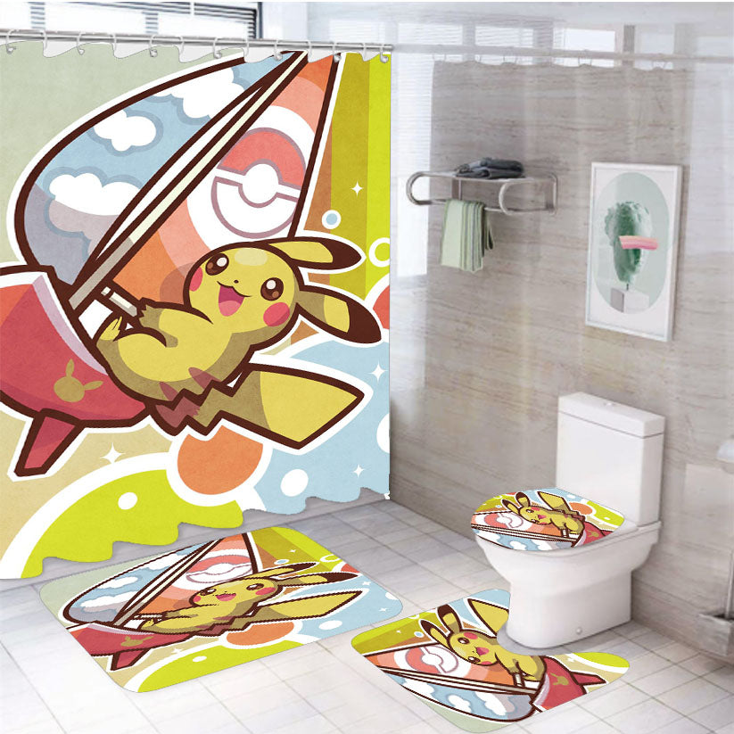 Pikachu On A Boat 4Pcs Bathroom Non-Slip Rugs Shower Curtain Fabric Waterproof