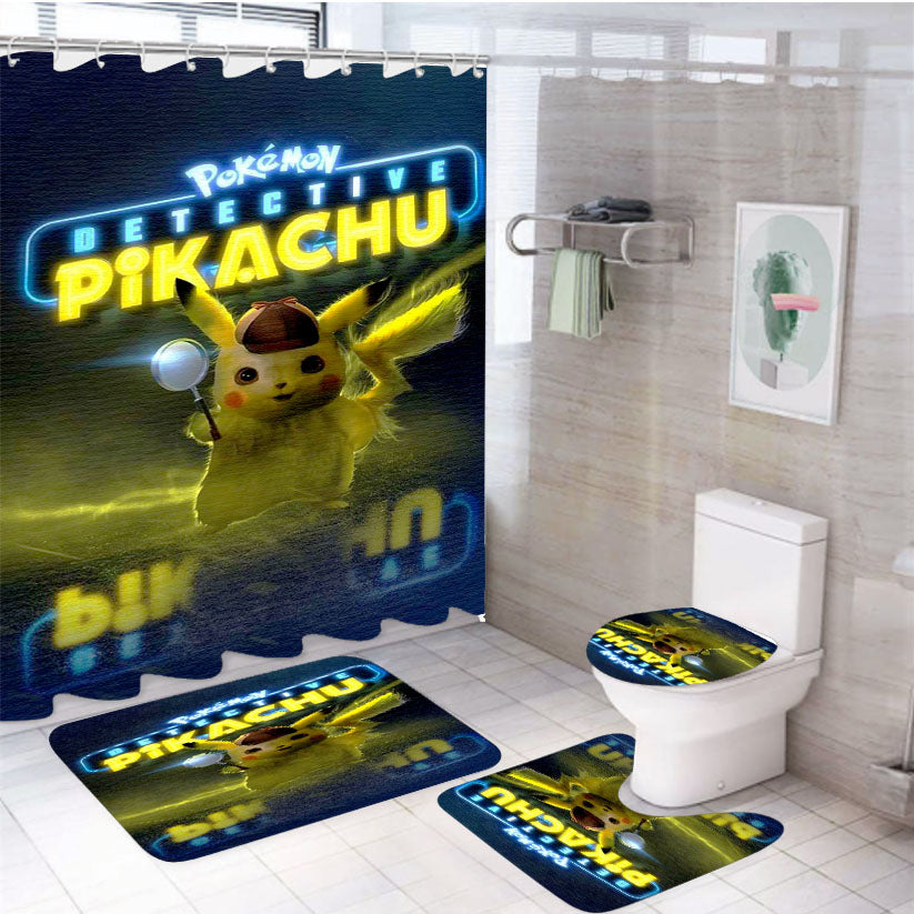 Pokemon Detective Pikachu Poster Canvas 4Pcs Bathroom Set Shower Curtain
