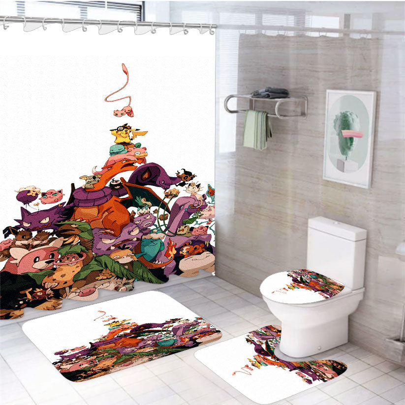 Pokemon Doodle All Characters And Elements 4Pcs Bathroom Set Shower Curtain