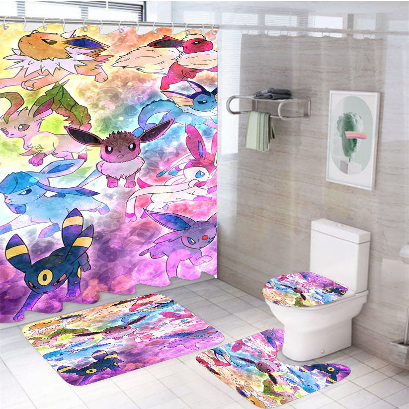 Pokemon Eevee Collections Illustrations 4Pcs Bathroom Set Shower Curtain