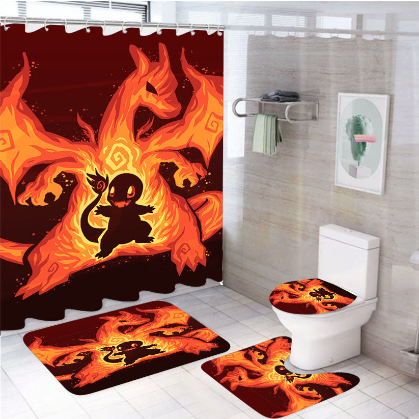 Pokemon Evolution Charmander To Charizard 4Pcs Bathroom Set Shower Curtain