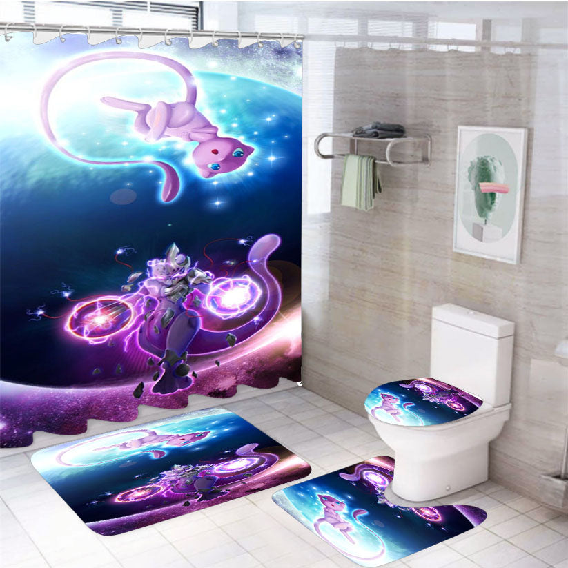 Pokemon Mew And Mewtwo Galaxy Fanart 4Pcs Bathroom Set Shower Curtain