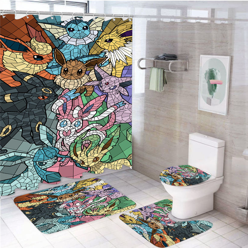 Pokemon Stained Glass Eevee Evolutions 4Pcs Bathroom Set Shower Curtain