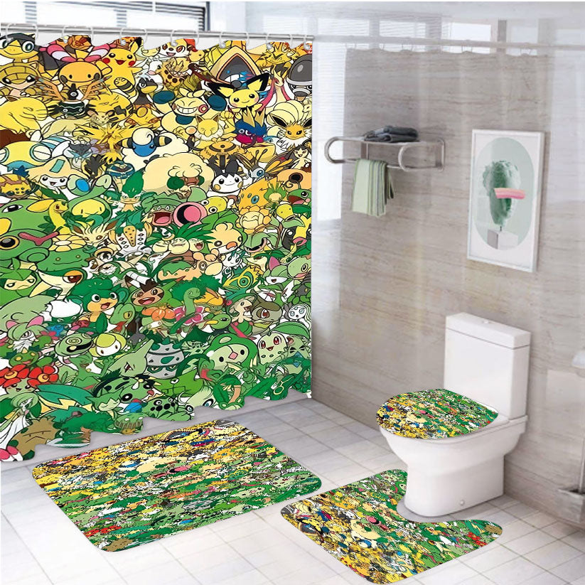 Pokemon Yellow And Green Characters 4Pcs Bathroom Set Shower Curtain