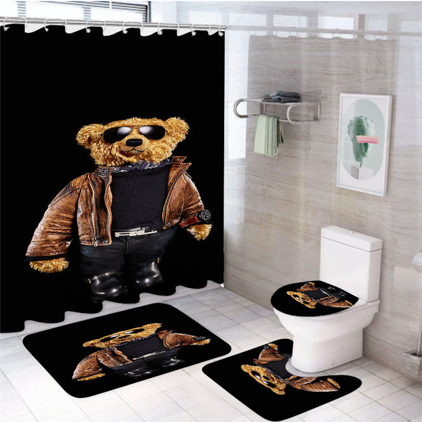 Polo Bear Black 4Pcs Bathroom Non-Slip Rugs Shower Curtain Fabric Waterproof