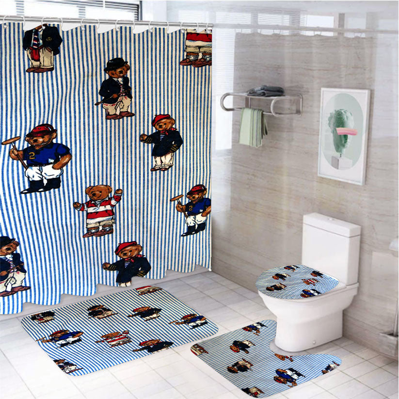 Polo Bear Linen Blue White Collection 4Pcs Bathroom Set Shower Curtain