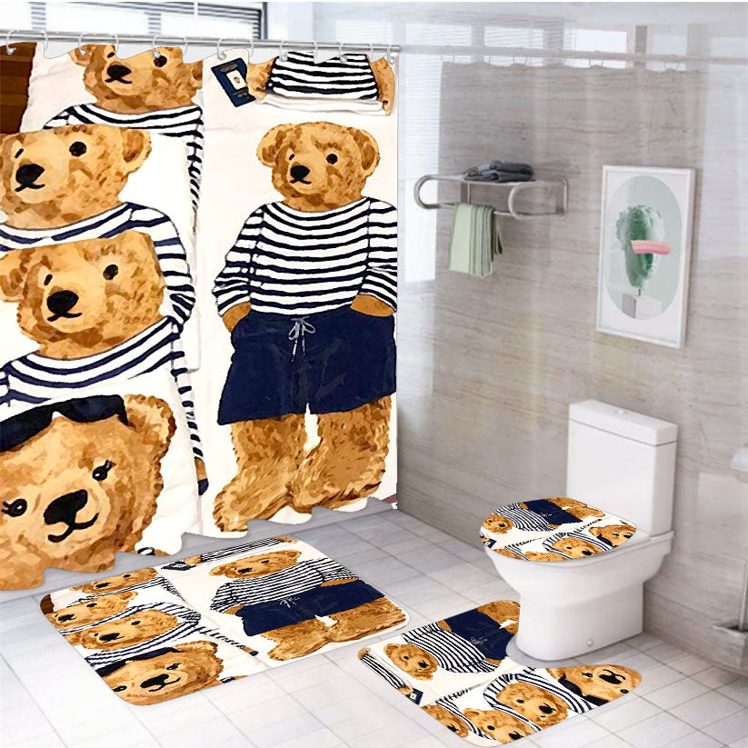 Polo Bear Pattern Blue White Stripe 4Pcs Bathroom Set Shower Curtain