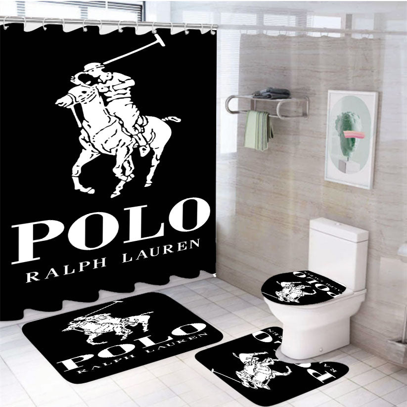 Polo Ralph Lauren Logo Black White 4Pcs Bathroom Set Shower Curtain