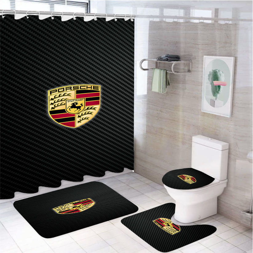 Porsche Logo Carbon 4Pcs Bathroom Set Shower Curtain