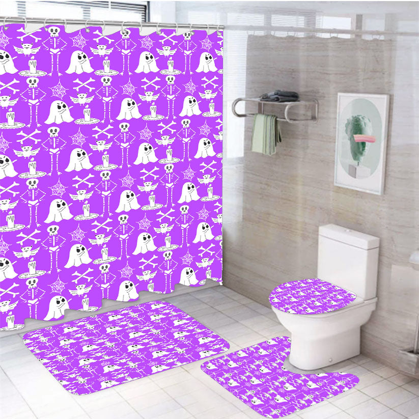 Purple Pattern Halloween Ghost Skeleton 4Pcs Bathroom Set Shower Curtain