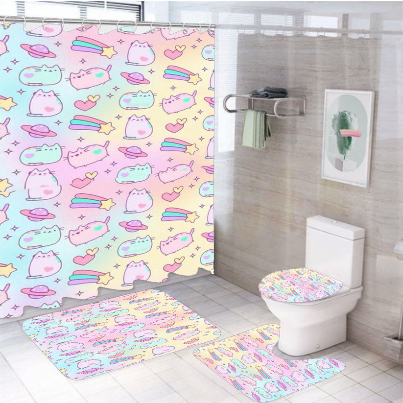 Pusheen Rainbow Pattern 4Pcs Bathroom Set Shower Curtain